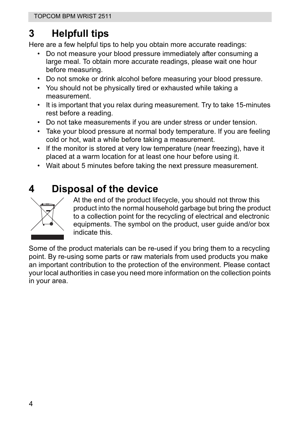 3helpfull tips, 4disposal of the device | Topcom BPM WRIST 2511 User Manual | Page 4 / 104