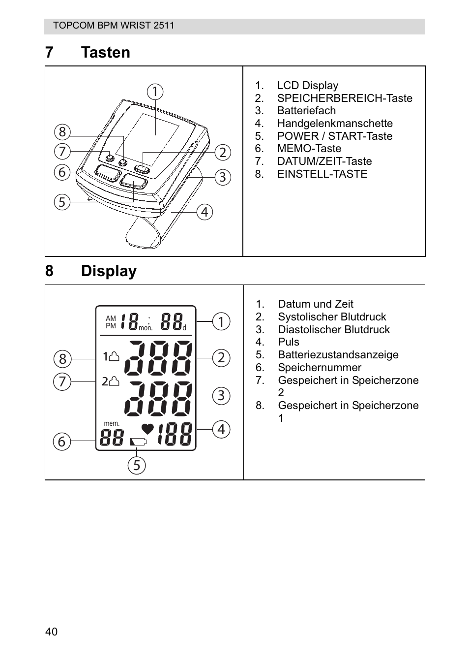 7tasten 8 display | Topcom BPM WRIST 2511 User Manual | Page 40 / 104