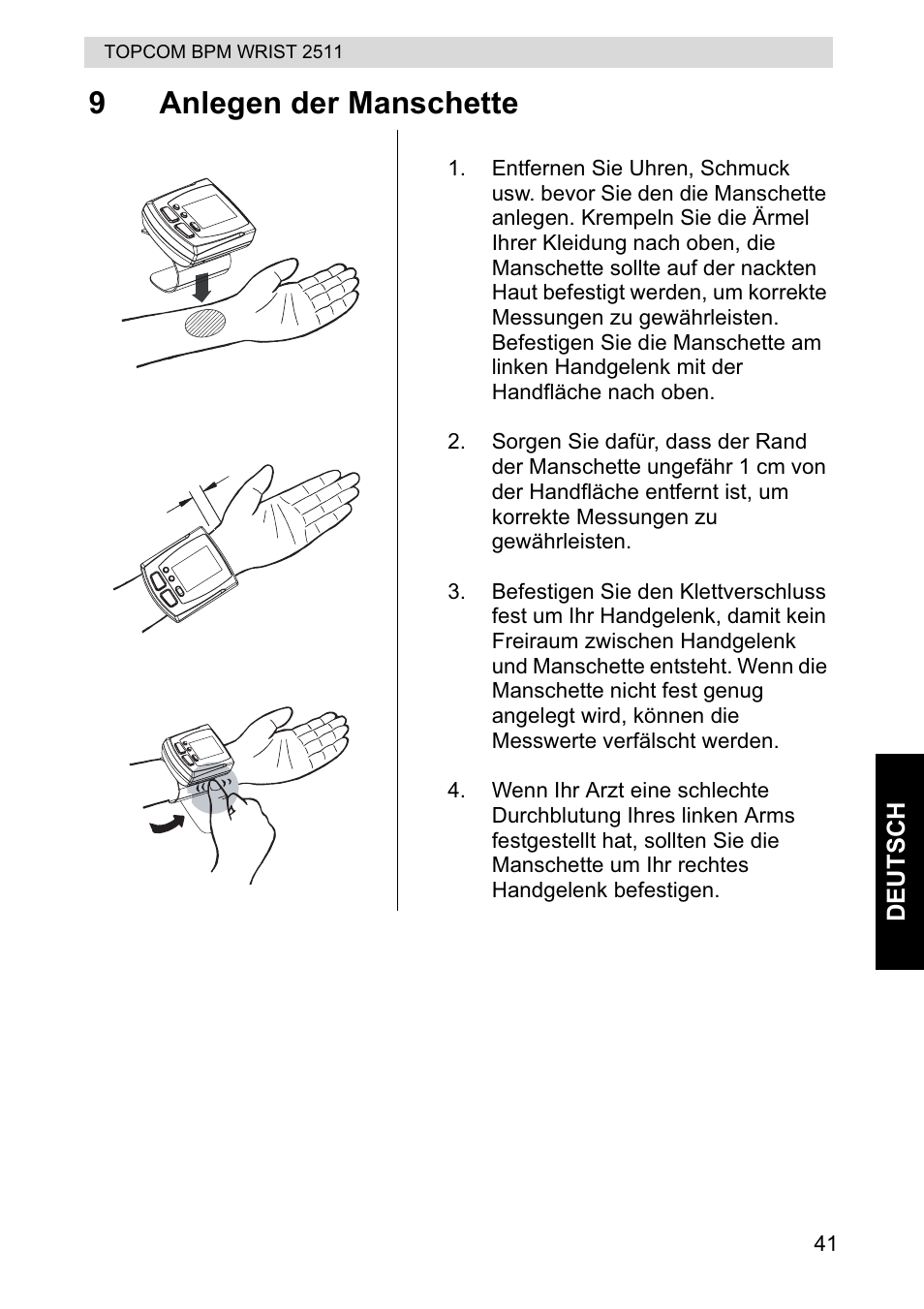 9anlegen der manschette | Topcom BPM WRIST 2511 User Manual | Page 41 / 104