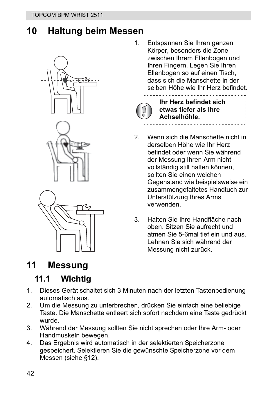 10 haltung beim messen 11 messung | Topcom BPM WRIST 2511 User Manual | Page 42 / 104