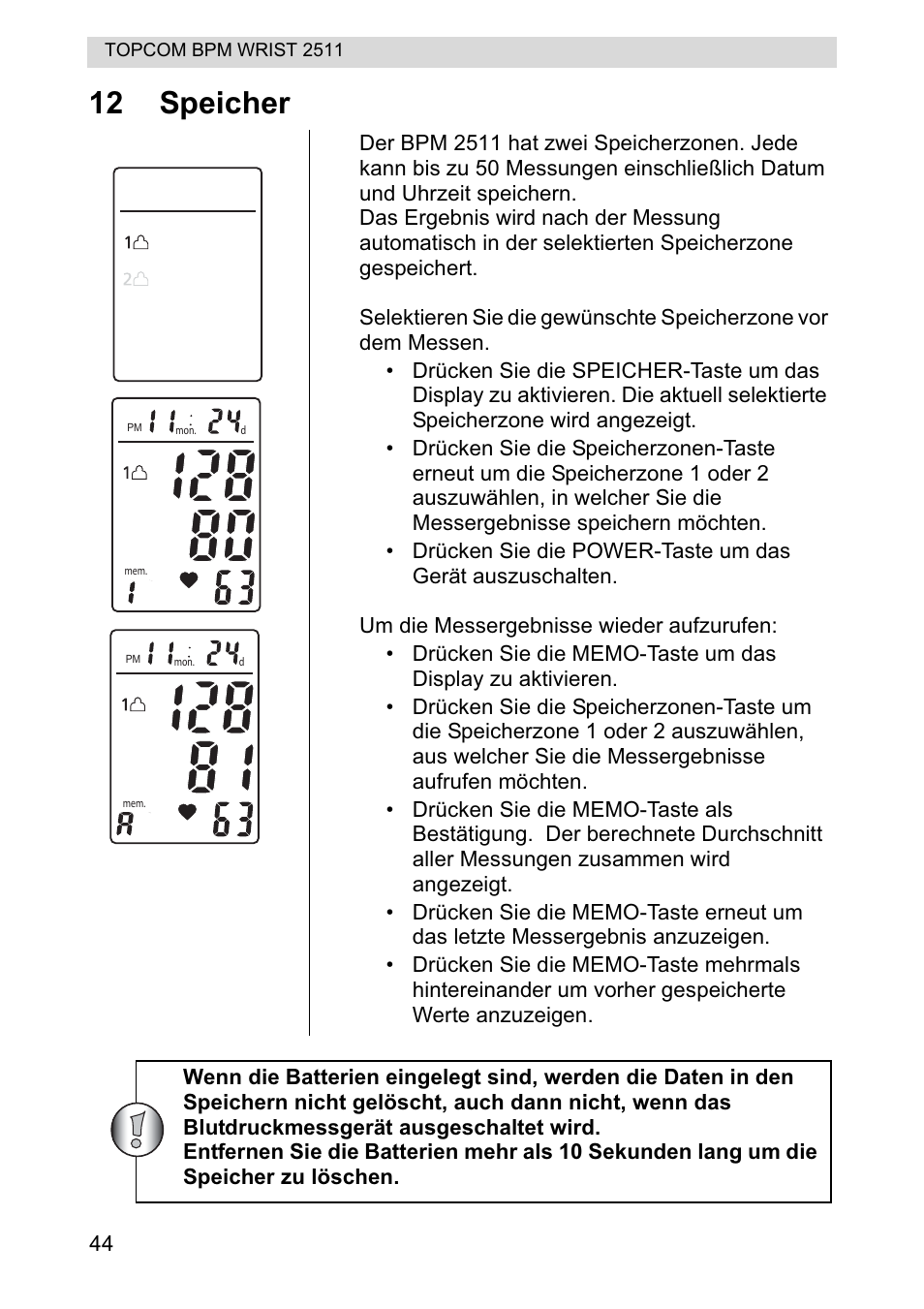 12 speicher | Topcom BPM WRIST 2511 User Manual | Page 44 / 104