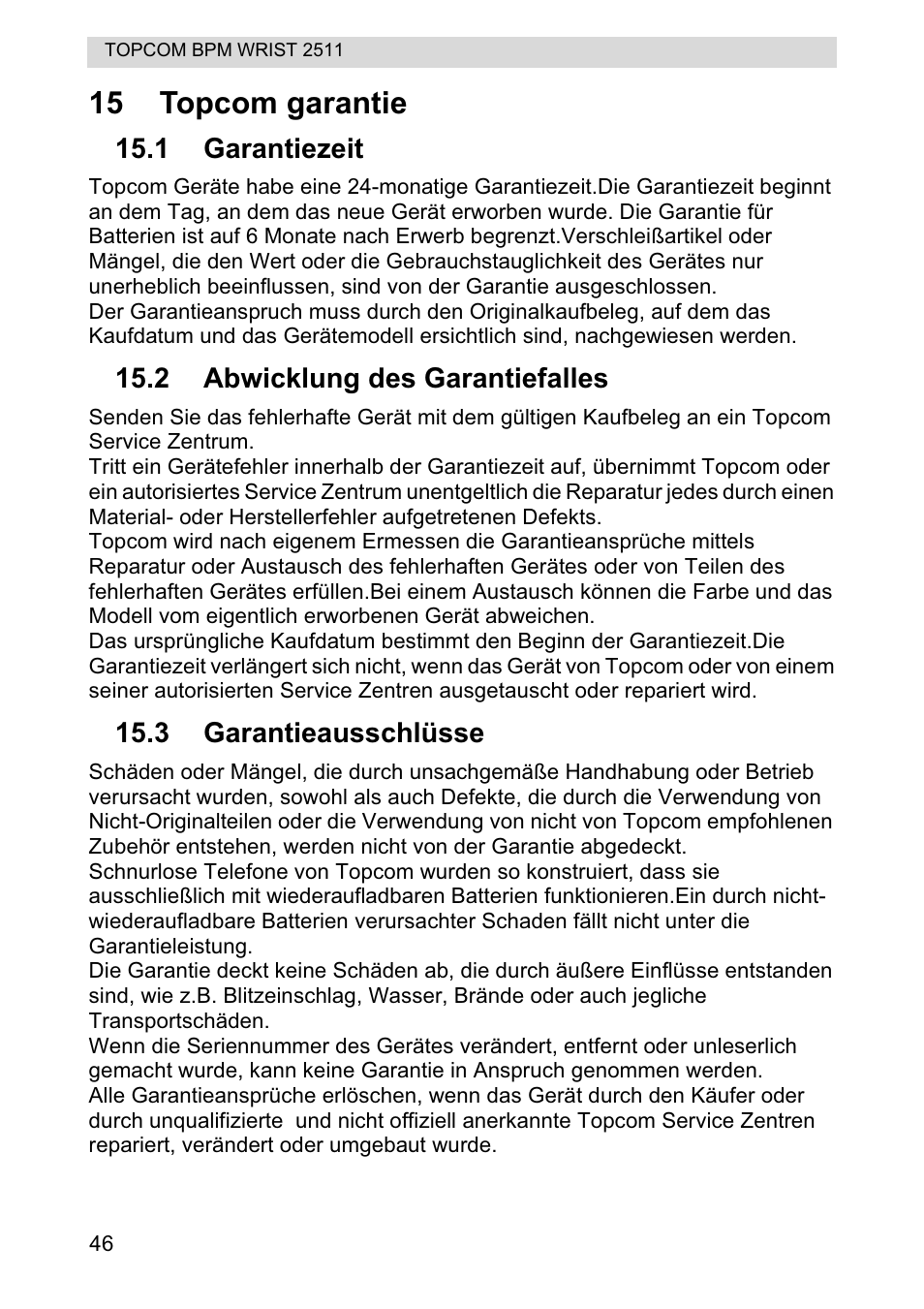 15 topcom garantie | Topcom BPM WRIST 2511 User Manual | Page 46 / 104