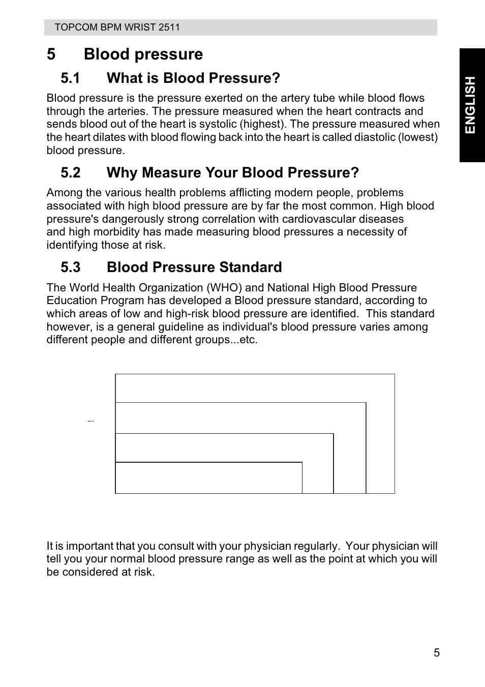 5blood pressure, Stage 2 hypertension, Stage 1 hypertension | Normal, Prehypertension, 1 what is blood pressure, 2 why measure your blood pressure, 3 blood pressure standard | Topcom BPM WRIST 2511 User Manual | Page 5 / 104