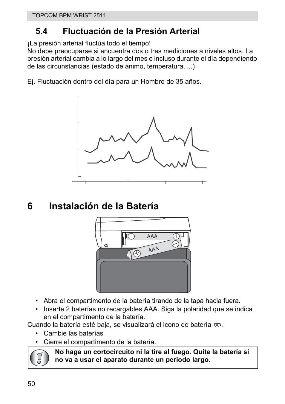 6instalación de la batería, 4 fluctuación de la presión arterial | Topcom BPM WRIST 2511 User Manual | Page 50 / 104