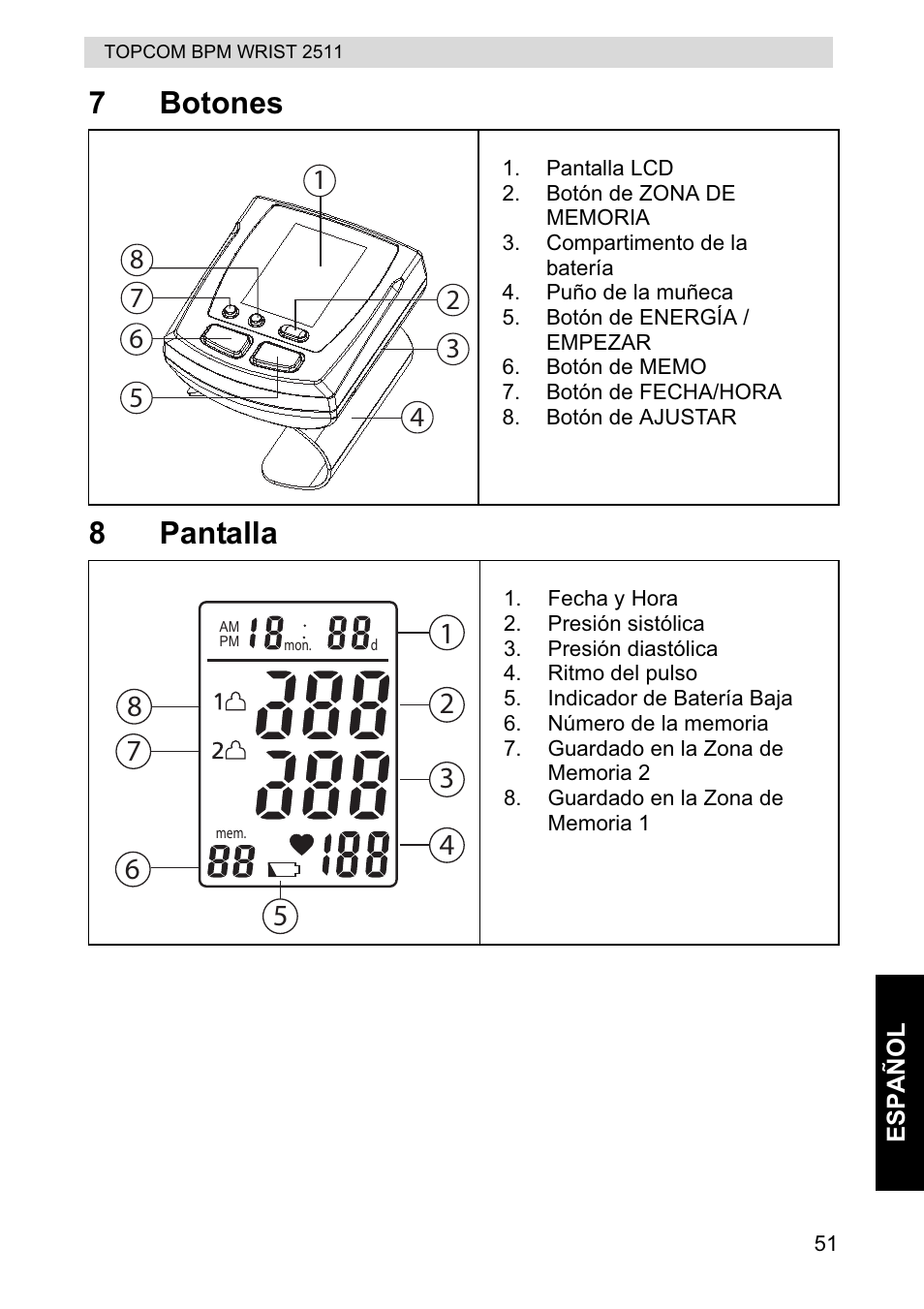 7botones 8 pantalla | Topcom BPM WRIST 2511 User Manual | Page 51 / 104