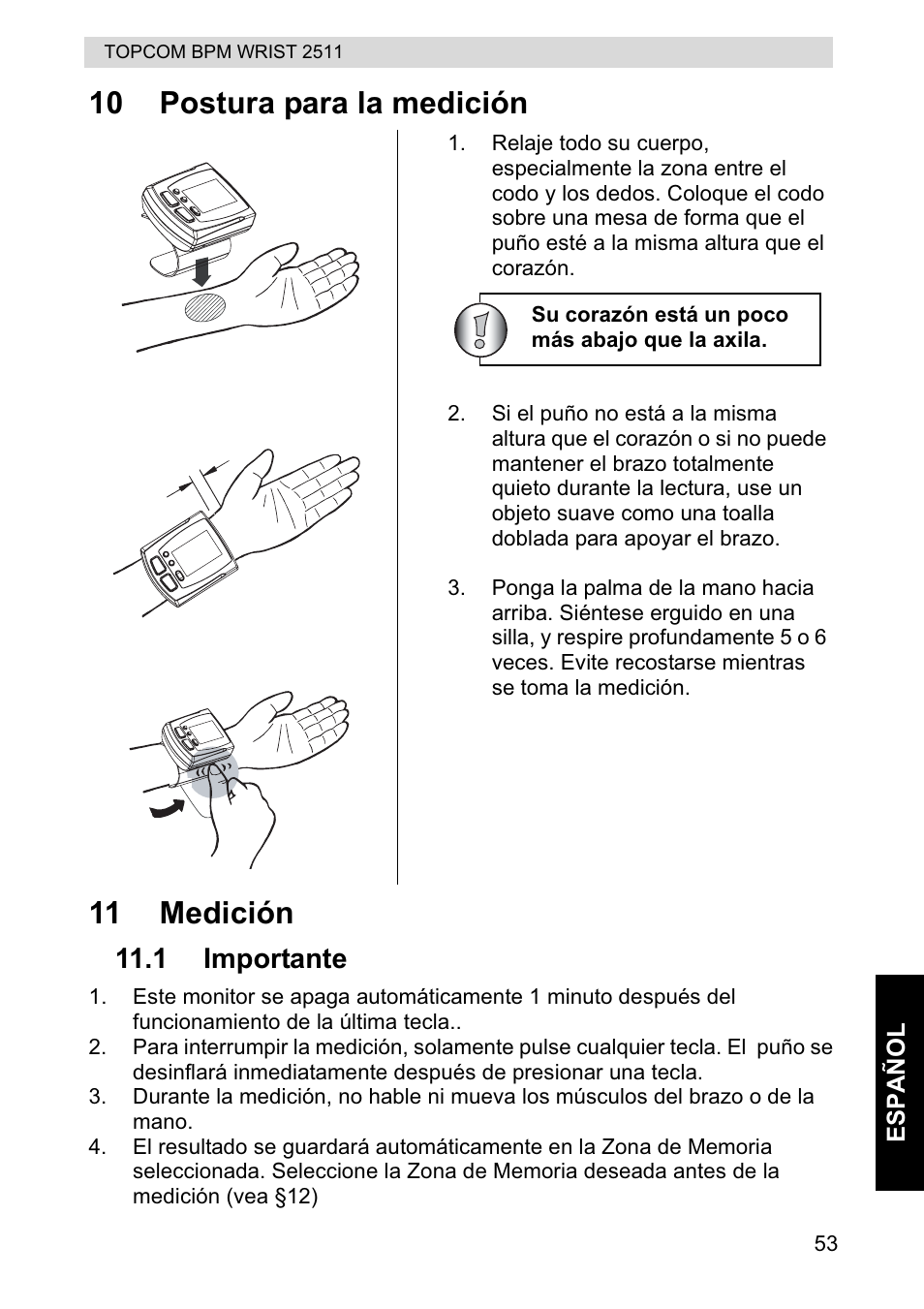 10 postura para la medición 11 medición, 1 importante | Topcom BPM WRIST 2511 User Manual | Page 53 / 104