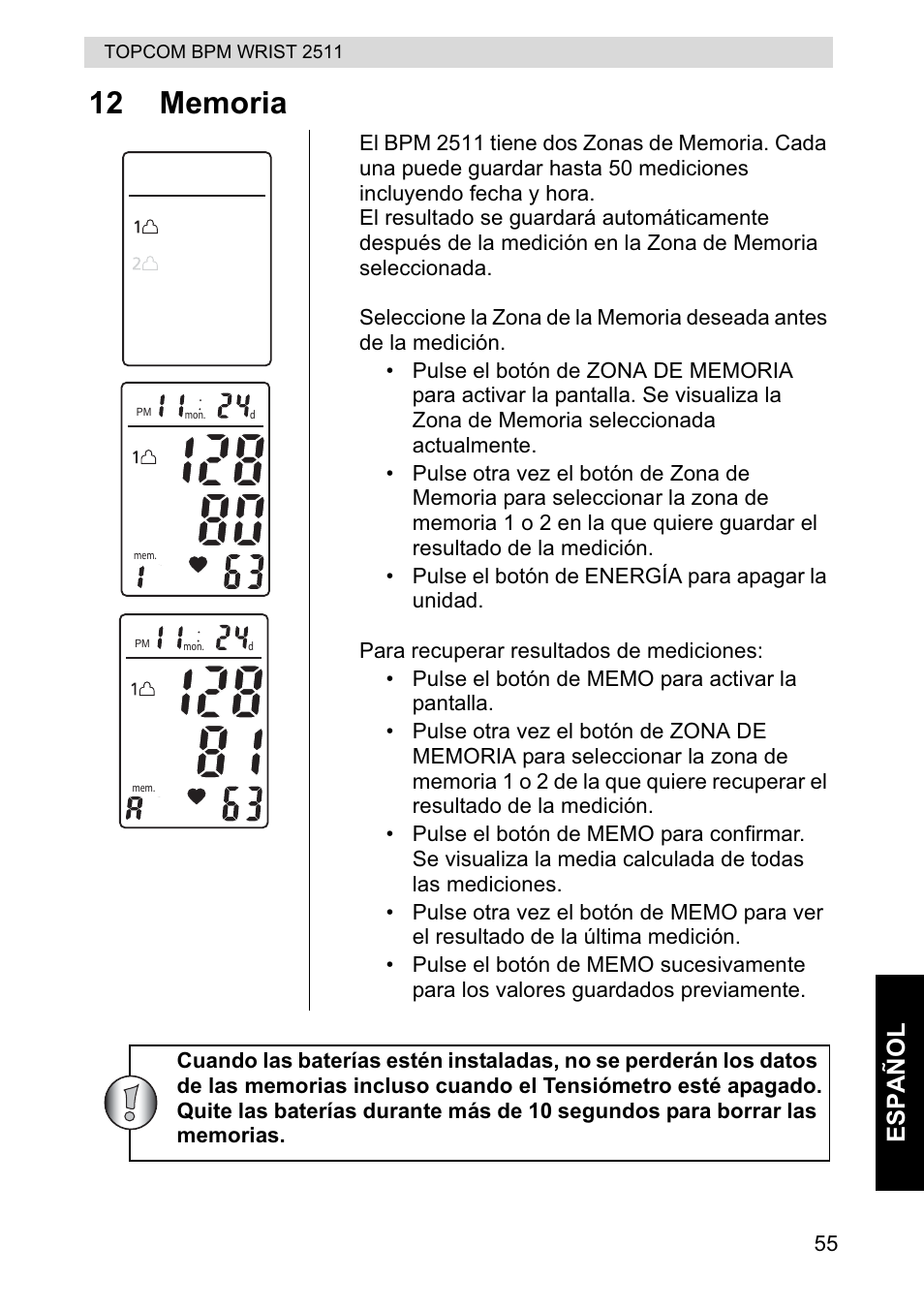 Esp añol | Topcom BPM WRIST 2511 User Manual | Page 55 / 104