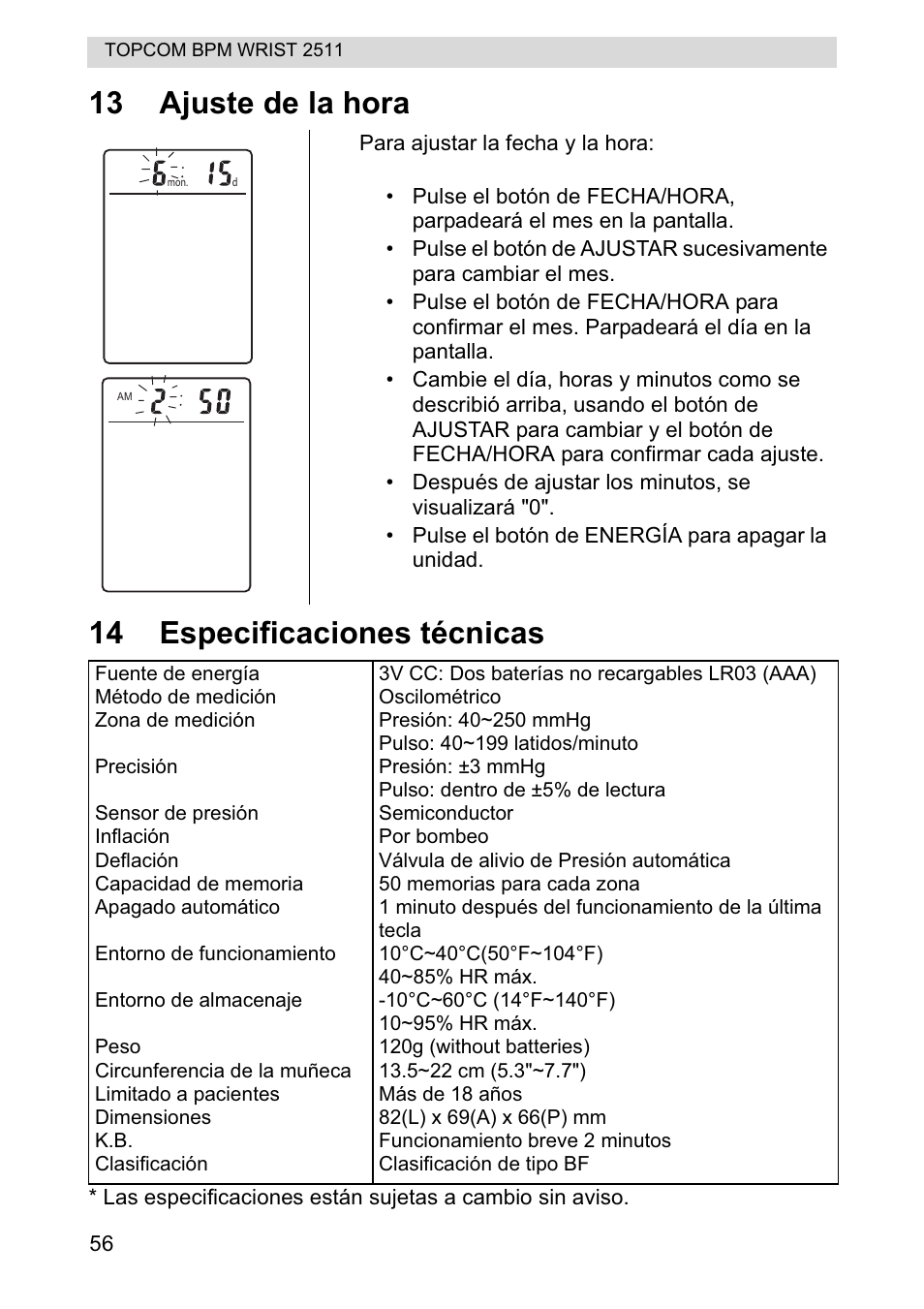 13 ajuste de la hora 14 especificaciones técnicas | Topcom BPM WRIST 2511 User Manual | Page 56 / 104