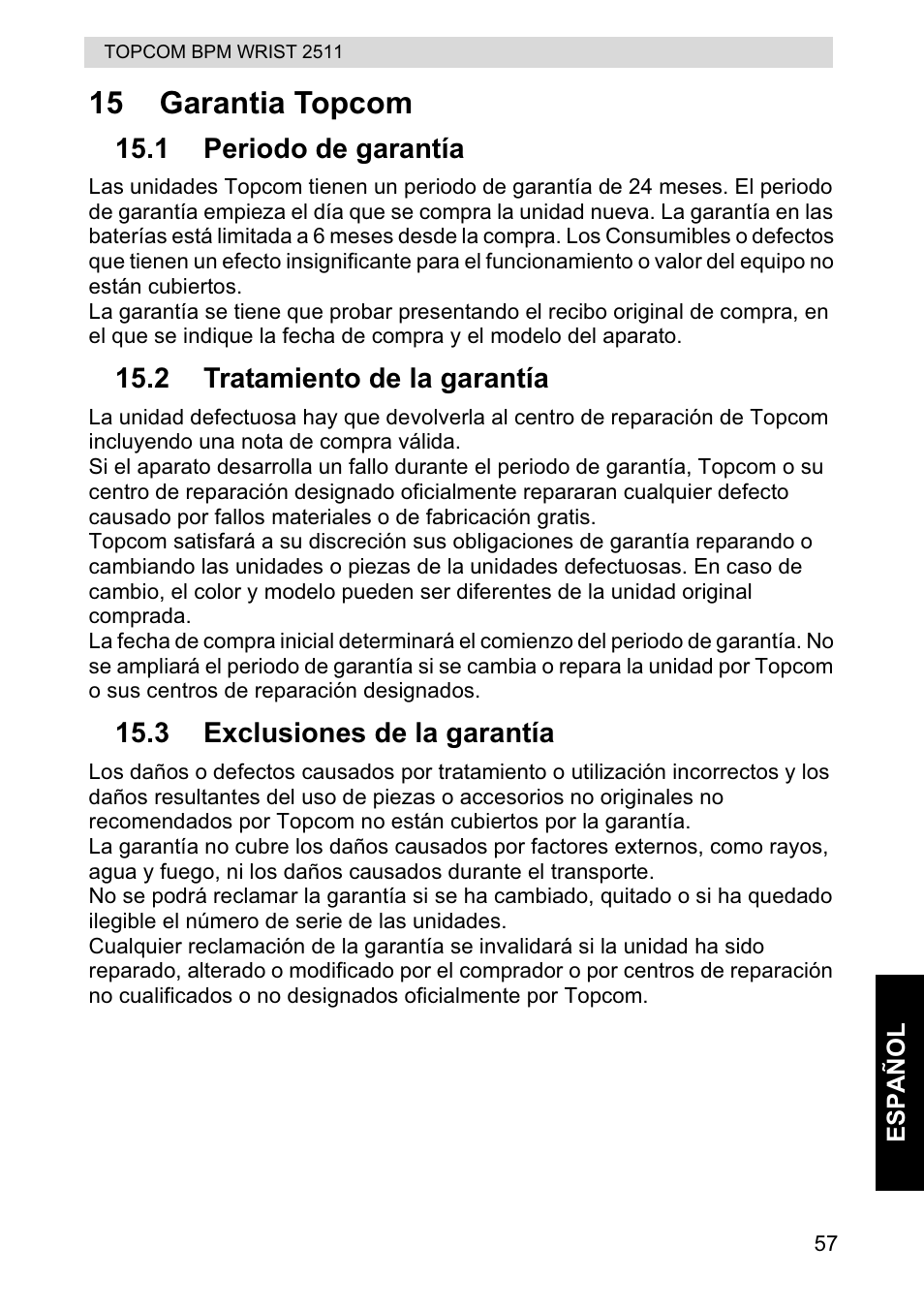 15 garantia topcom | Topcom BPM WRIST 2511 User Manual | Page 57 / 104