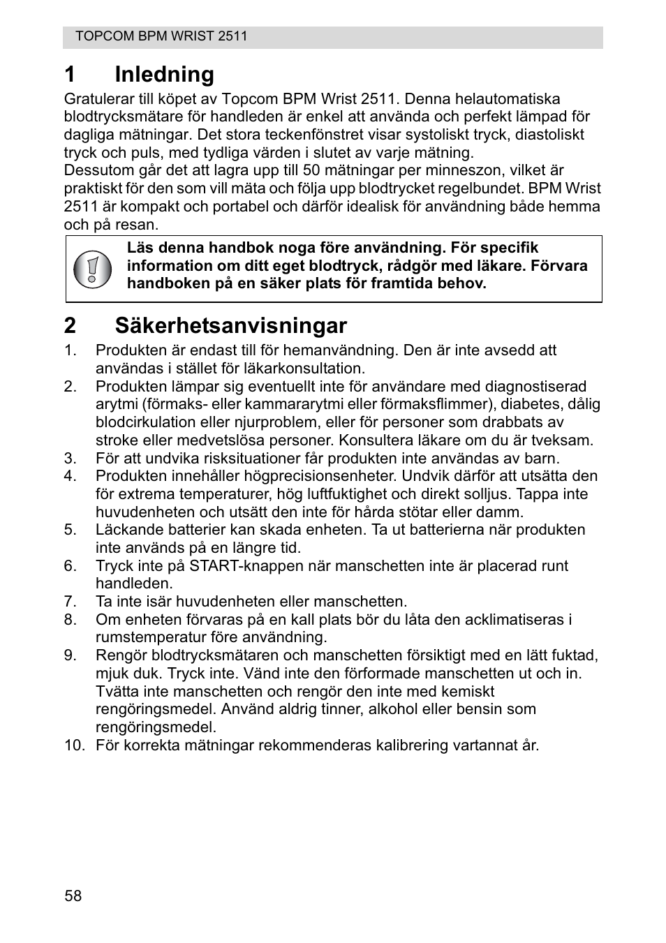 1inledning, 2säkerhetsanvisningar | Topcom BPM WRIST 2511 User Manual | Page 58 / 104