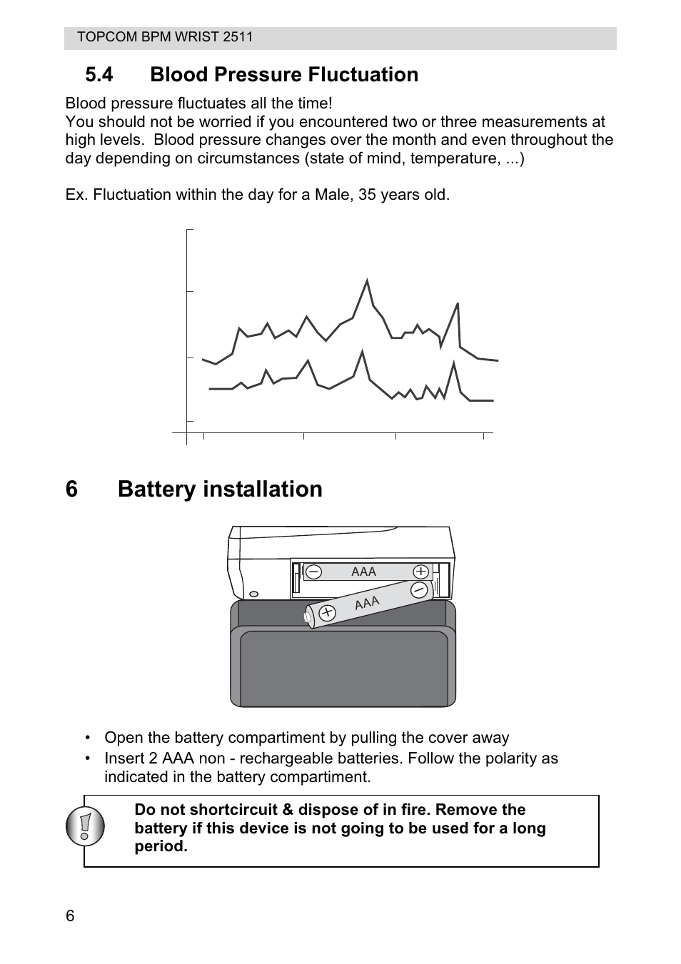 6battery installation, 4 blood pressure fluctuation | Topcom BPM WRIST 2511 User Manual | Page 6 / 104