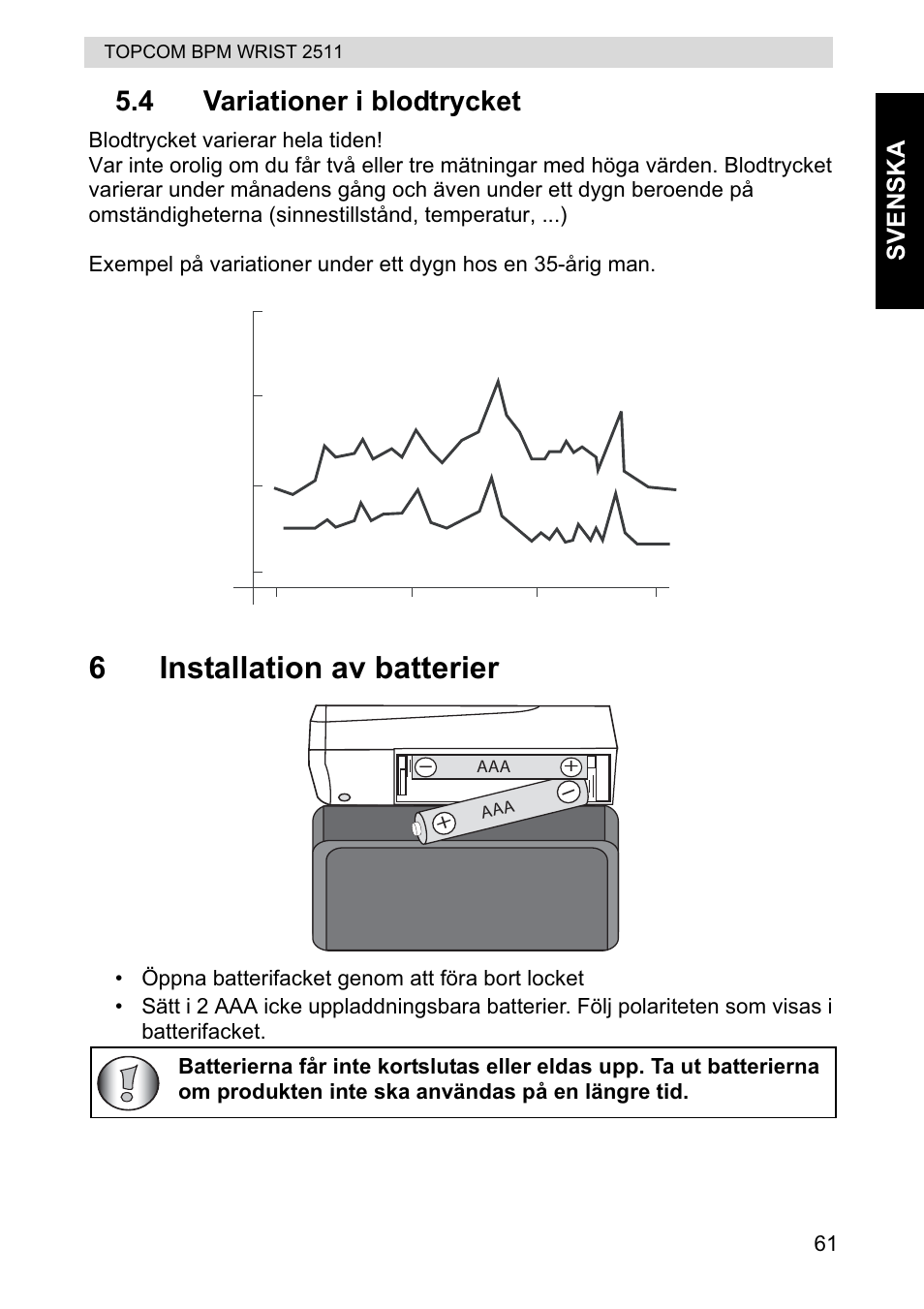 6installation av batterier, 4 variationer i blodtrycket, Svenska | Topcom BPM WRIST 2511 User Manual | Page 61 / 104