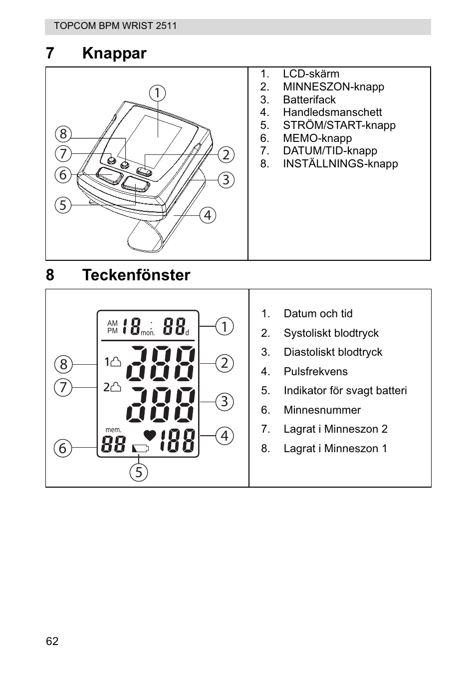 7knappar 8 teckenfönster | Topcom BPM WRIST 2511 User Manual | Page 62 / 104