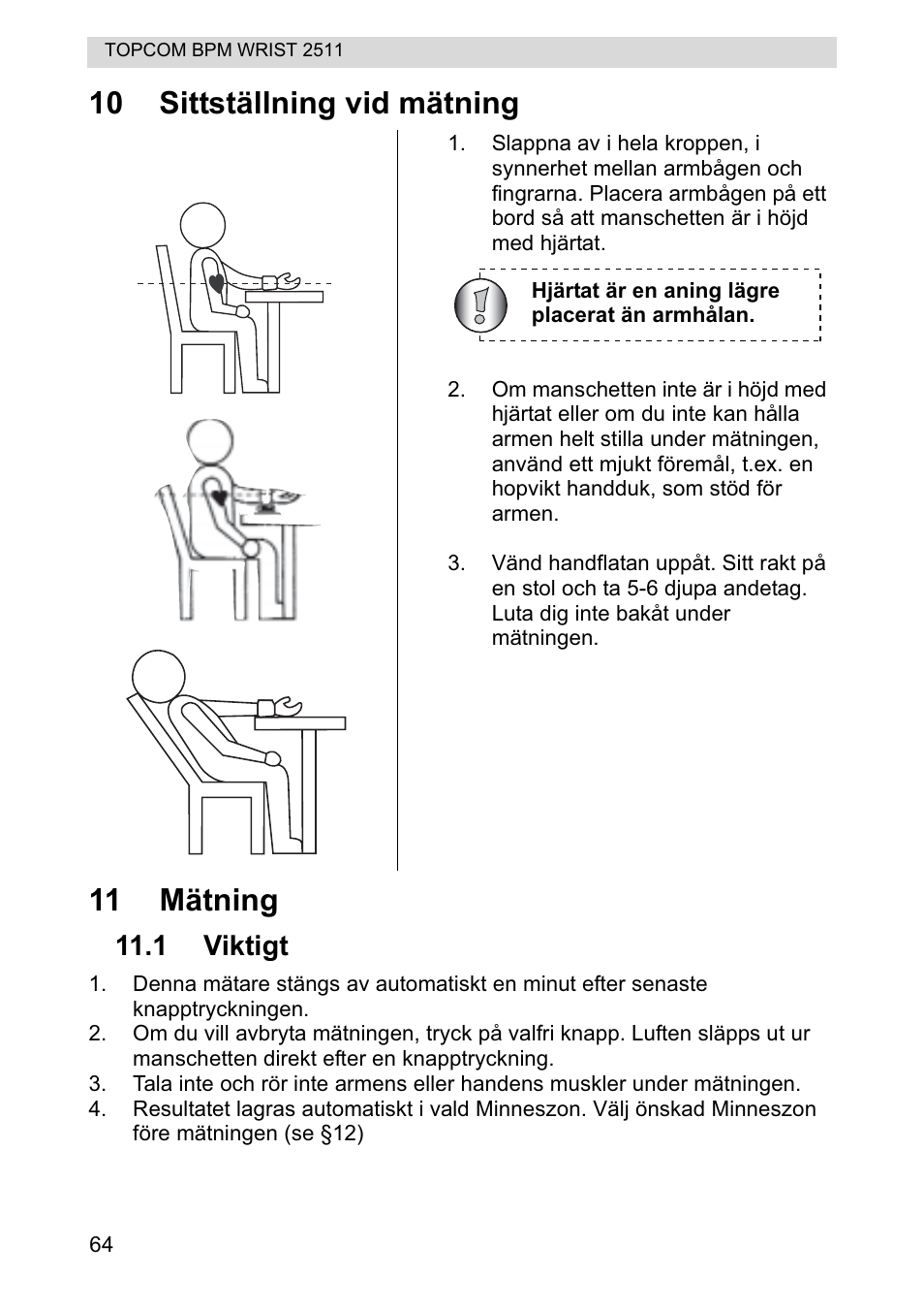 10 sittställning vid mätning 11 mätning | Topcom BPM WRIST 2511 User Manual | Page 64 / 104