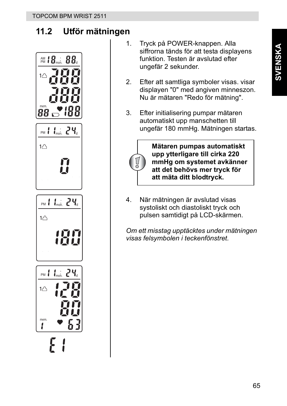 2 utför mätningen, Svenska | Topcom BPM WRIST 2511 User Manual | Page 65 / 104