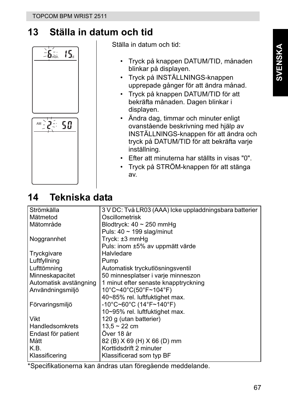 13 ställa in datum och tid 14 tekniska data | Topcom BPM WRIST 2511 User Manual | Page 67 / 104