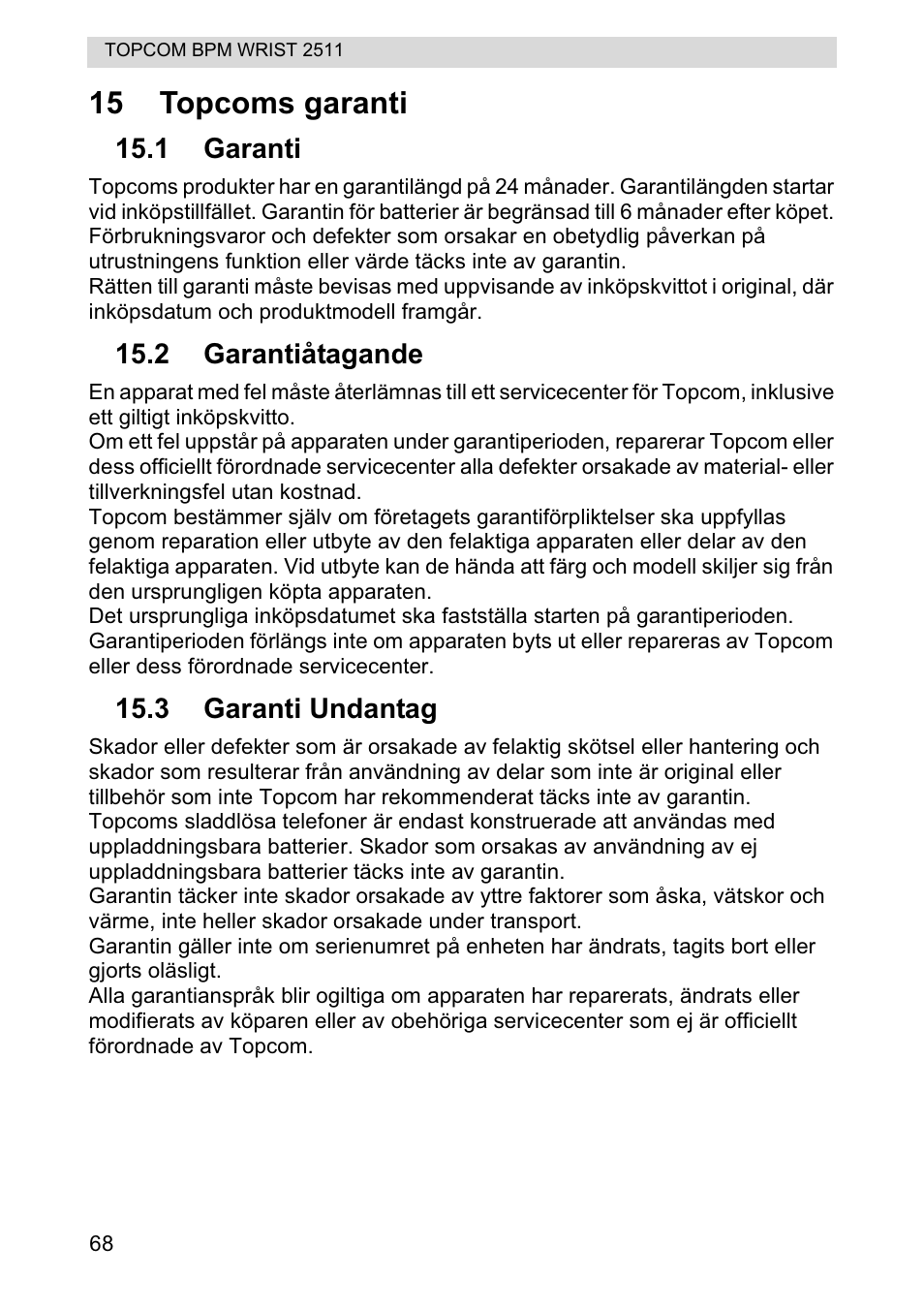 15 topcoms garanti | Topcom BPM WRIST 2511 User Manual | Page 68 / 104