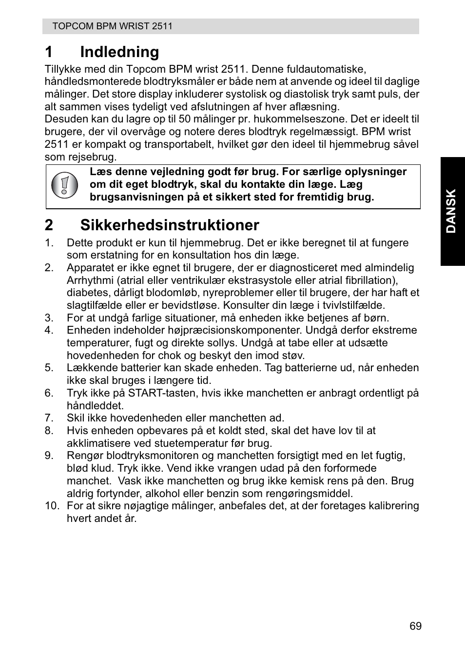 1indledning, 2sikkerhedsinstruktioner | Topcom BPM WRIST 2511 User Manual | Page 69 / 104