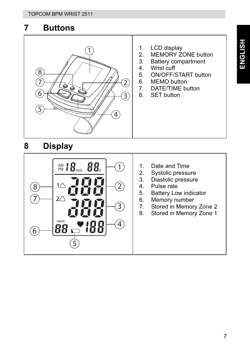 7buttons 8 display | Topcom BPM WRIST 2511 User Manual | Page 7 / 104