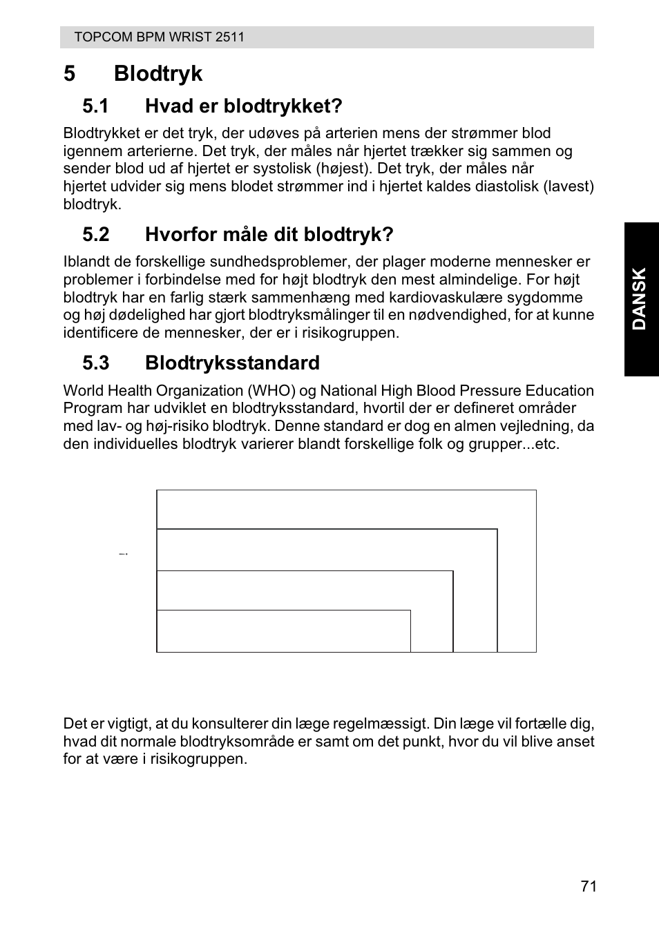 5blodtryk, Stage 2 hypertension, Stage 1 hypertension | Normal, Prehypertension, 1 hvad er blodtrykket, 2 hvorfor måle dit blodtryk, 3 blodtryksstandard | Topcom BPM WRIST 2511 User Manual | Page 71 / 104