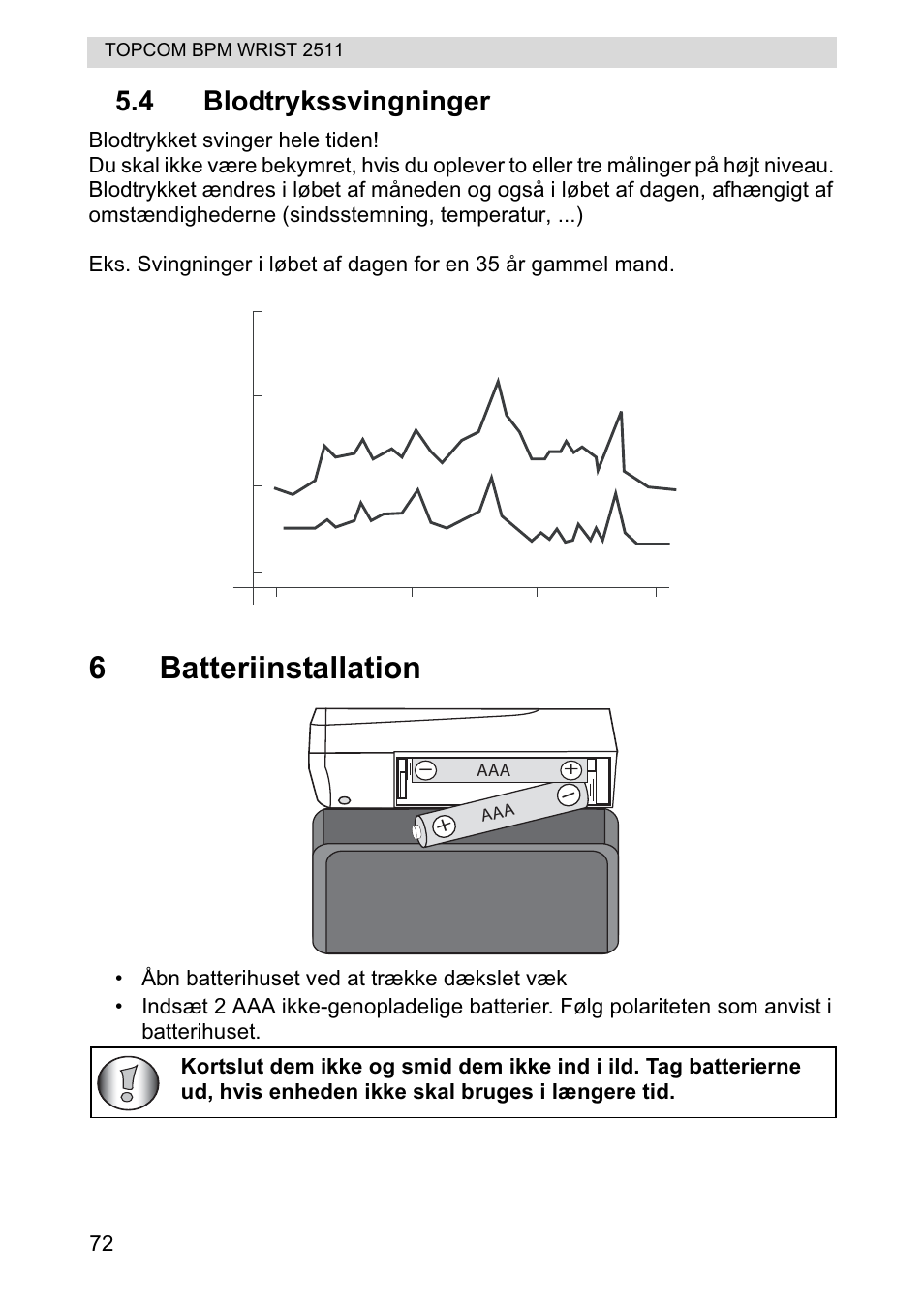 6batteriinstallation, 4 blodtrykssvingninger | Topcom BPM WRIST 2511 User Manual | Page 72 / 104