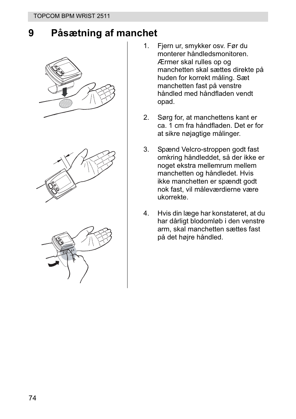 9påsætning af manchet | Topcom BPM WRIST 2511 User Manual | Page 74 / 104