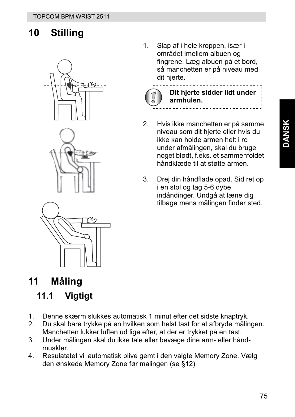 10 stilling 11 måling | Topcom BPM WRIST 2511 User Manual | Page 75 / 104