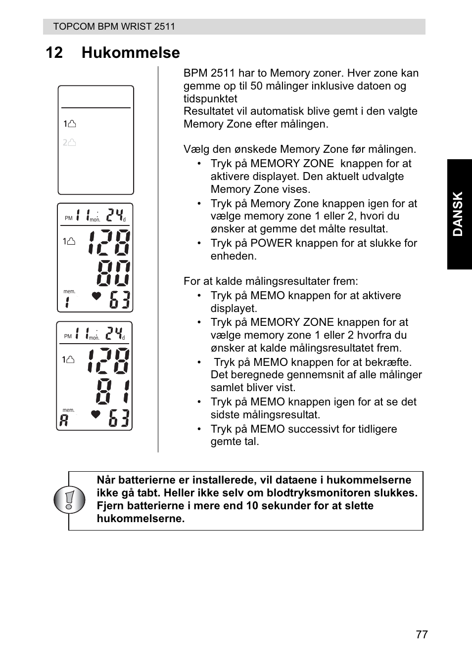 12 hukommelse, Da nsk | Topcom BPM WRIST 2511 User Manual | Page 77 / 104