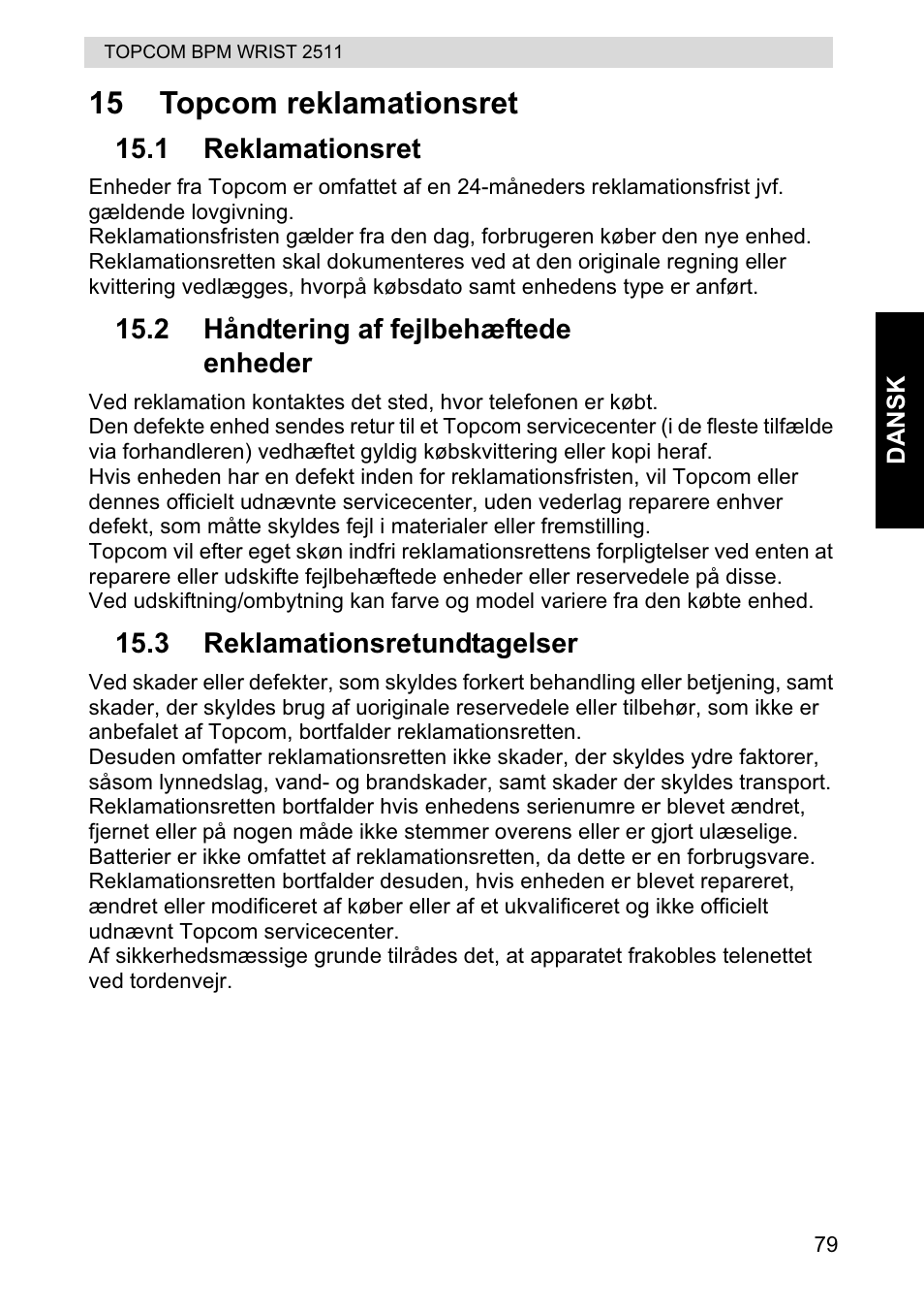 15 topcom reklamationsret | Topcom BPM WRIST 2511 User Manual | Page 79 / 104