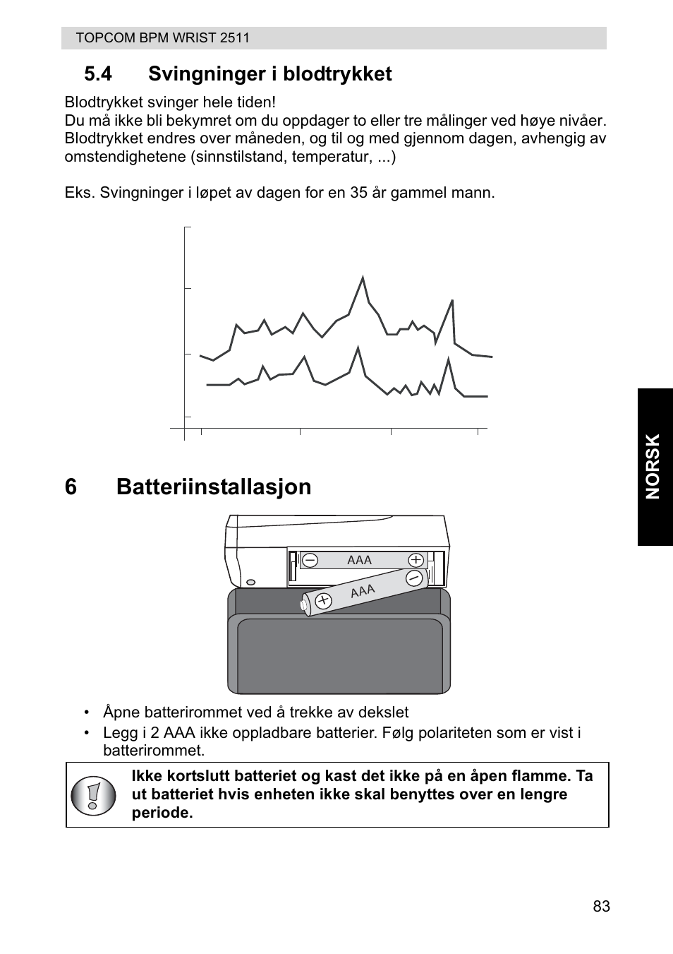 6batteriinstallasjon, 4 svingninger i blodtrykket, Norsk | Topcom BPM WRIST 2511 User Manual | Page 83 / 104