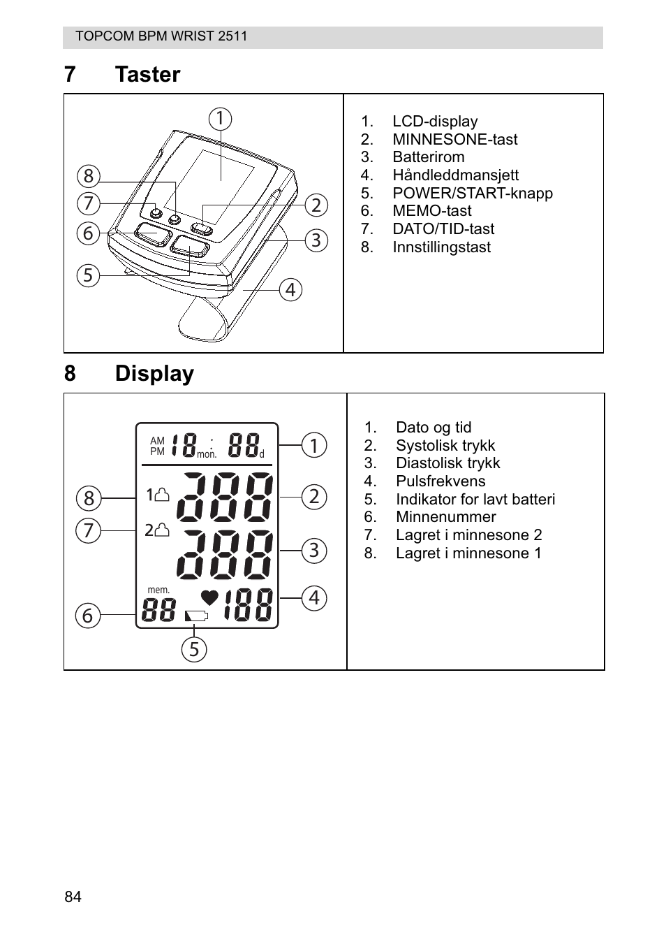 7taster 8 display | Topcom BPM WRIST 2511 User Manual | Page 84 / 104