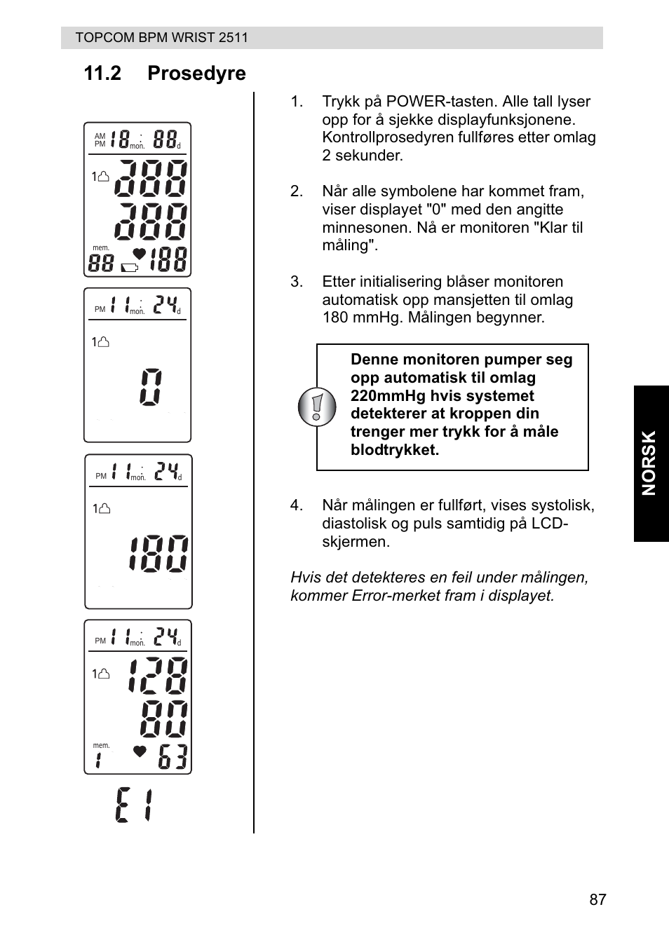2 prosedyre, Norsk | Topcom BPM WRIST 2511 User Manual | Page 87 / 104
