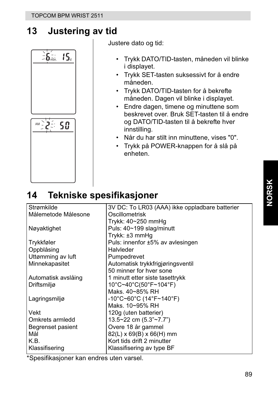 13 justering av tid 14 tekniske spesifikasjoner | Topcom BPM WRIST 2511 User Manual | Page 89 / 104
