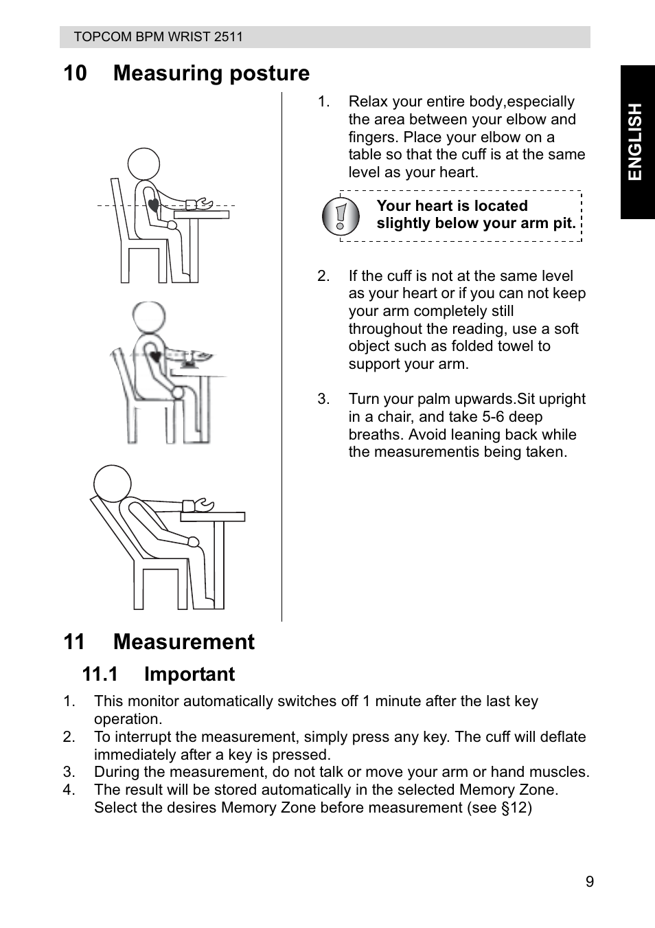 10 measuring posture 11 measurement | Topcom BPM WRIST 2511 User Manual | Page 9 / 104