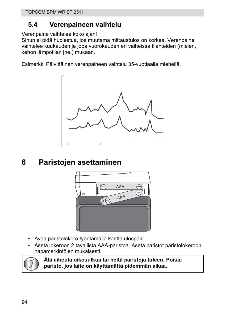 6paristojen asettaminen, 4 verenpaineen vaihtelu | Topcom BPM WRIST 2511 User Manual | Page 94 / 104