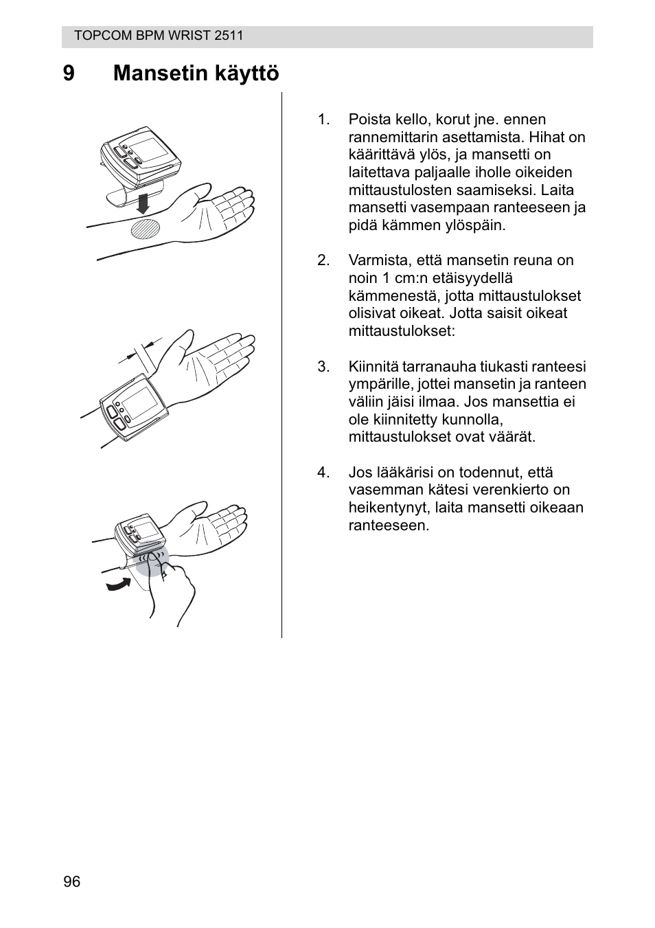 9mansetin käyttö | Topcom BPM WRIST 2511 User Manual | Page 96 / 104