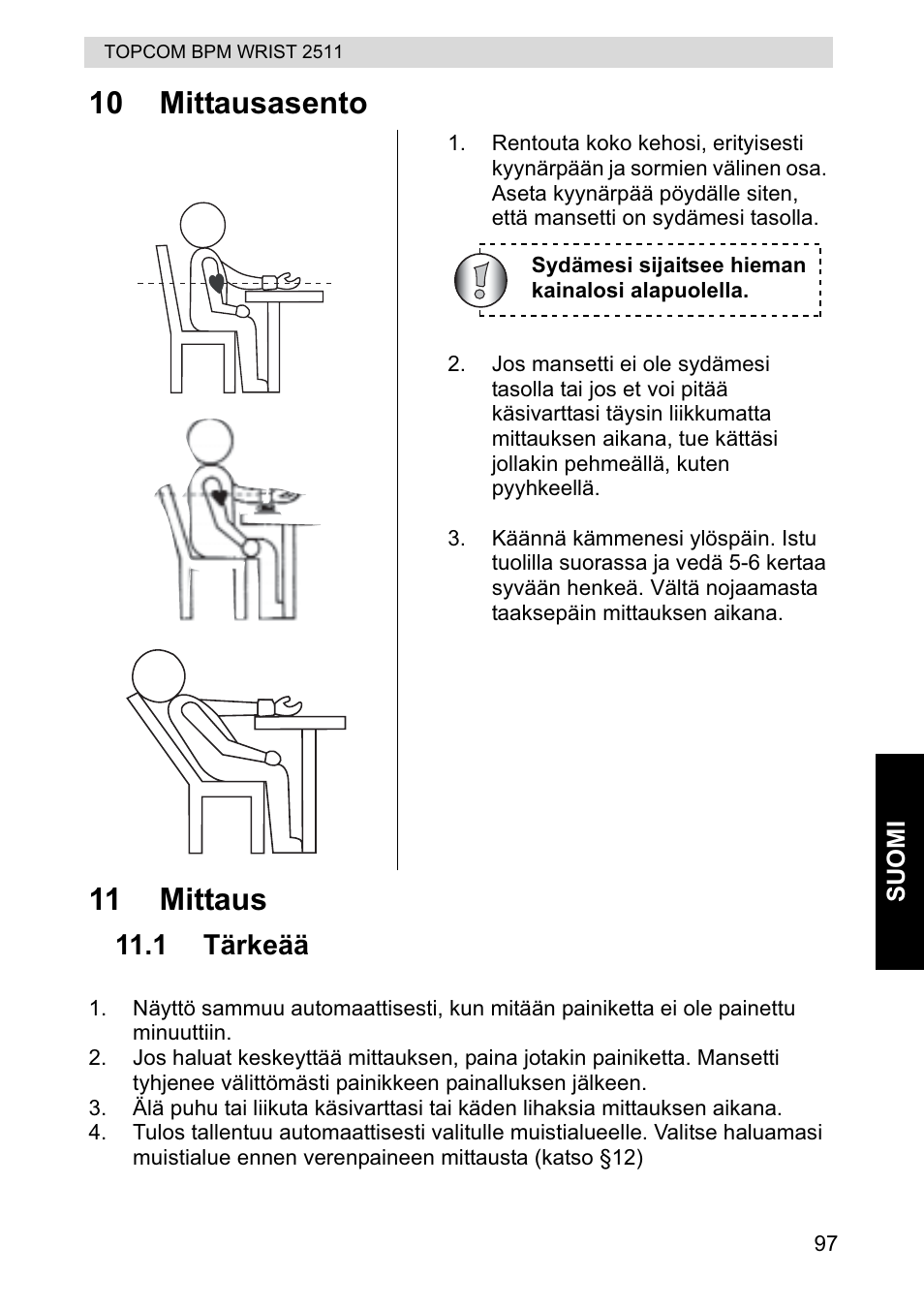 10 mittausasento 11 mittaus | Topcom BPM WRIST 2511 User Manual | Page 97 / 104
