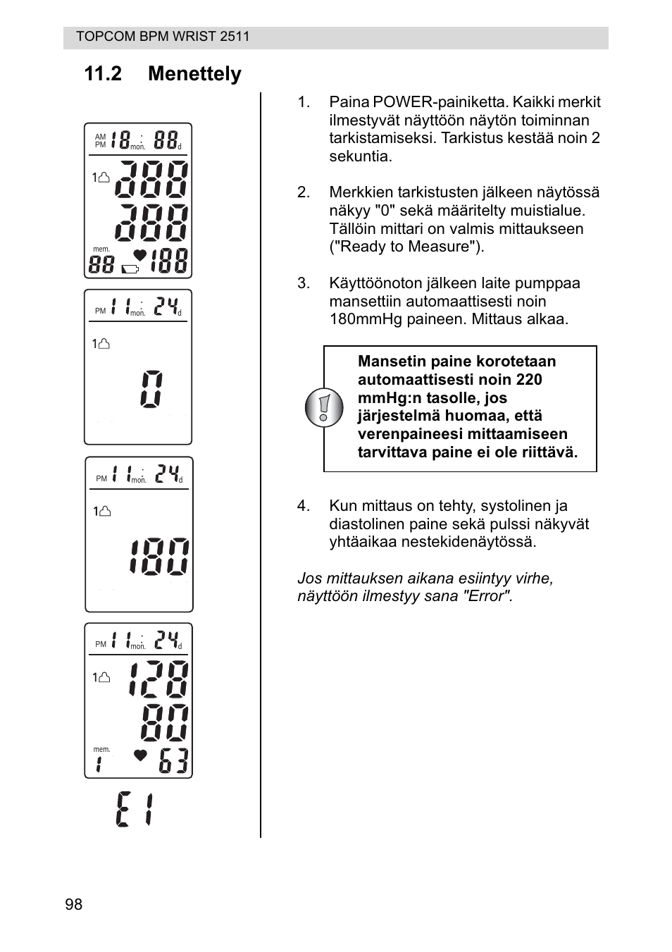 2 menettely | Topcom BPM WRIST 2511 User Manual | Page 98 / 104