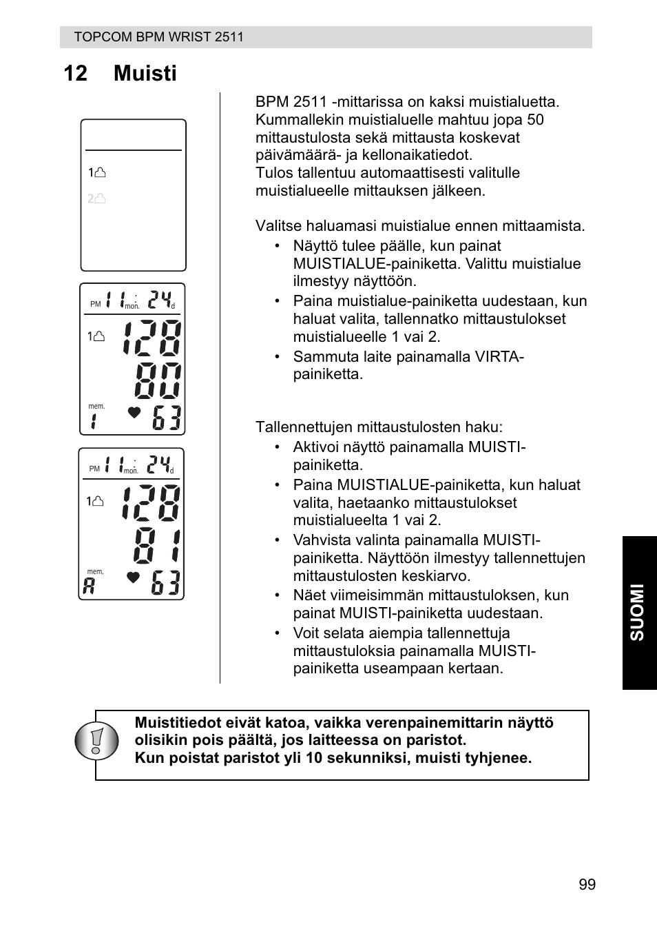 12 muisti, Suomi | Topcom BPM WRIST 2511 User Manual | Page 99 / 104