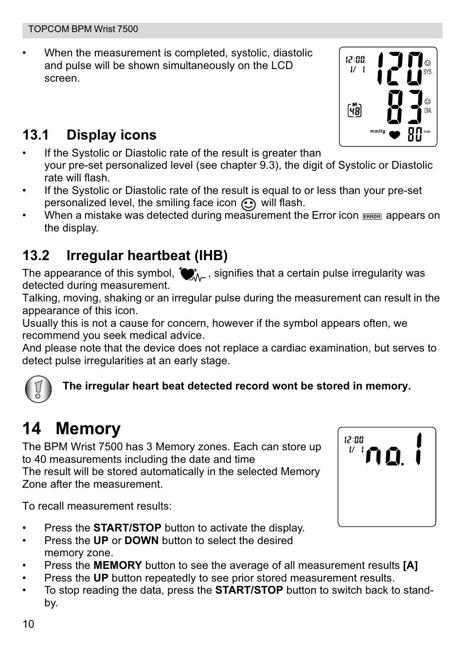 1 display icons, 2 irregular heartbeat (ihb) | Topcom BPM Wrist 7500 User Manual | Page 10 / 88