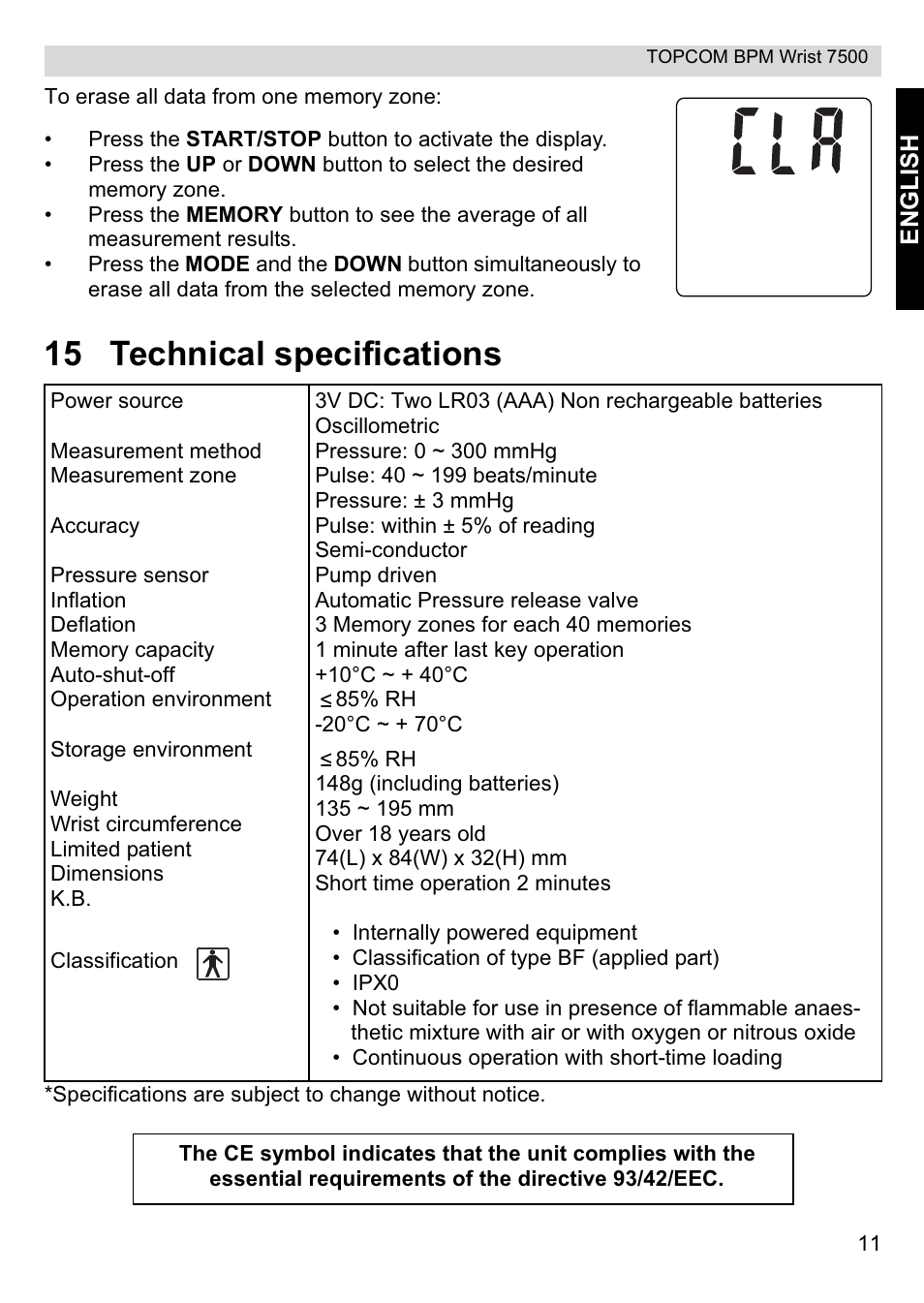 15 technical specifications | Topcom BPM Wrist 7500 User Manual | Page 11 / 88