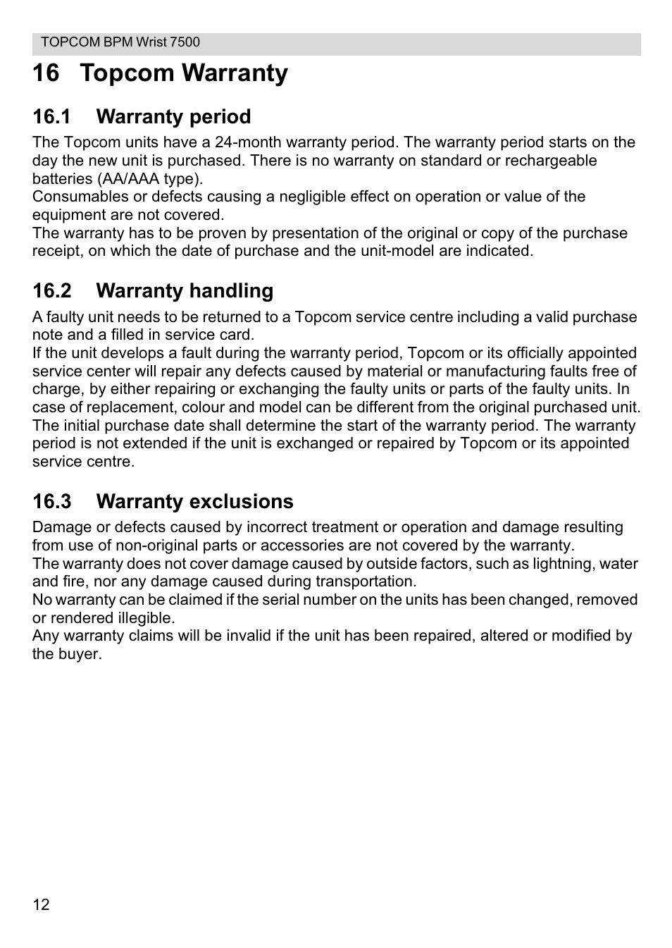 16 topcom warranty | Topcom BPM Wrist 7500 User Manual | Page 12 / 88