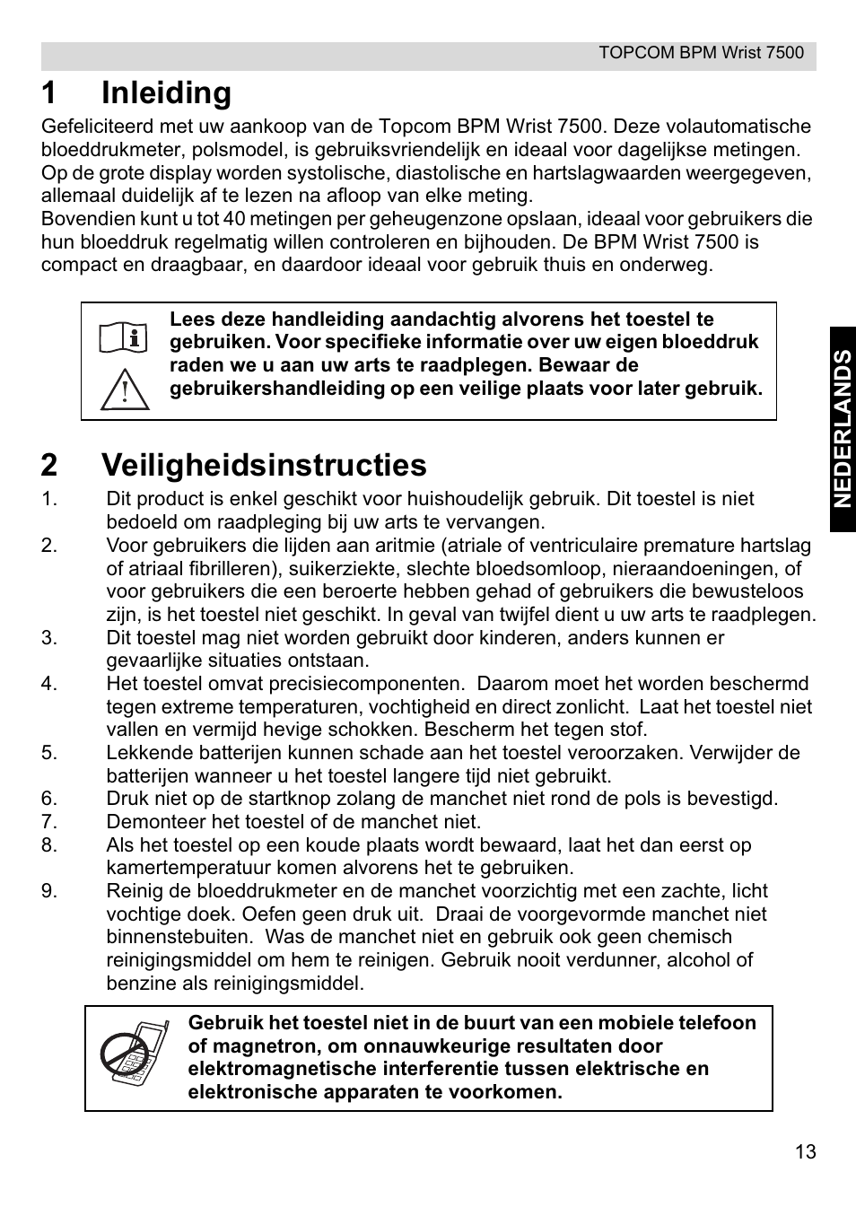 1inleiding, 2veiligheidsinstructies | Topcom BPM Wrist 7500 User Manual | Page 13 / 88
