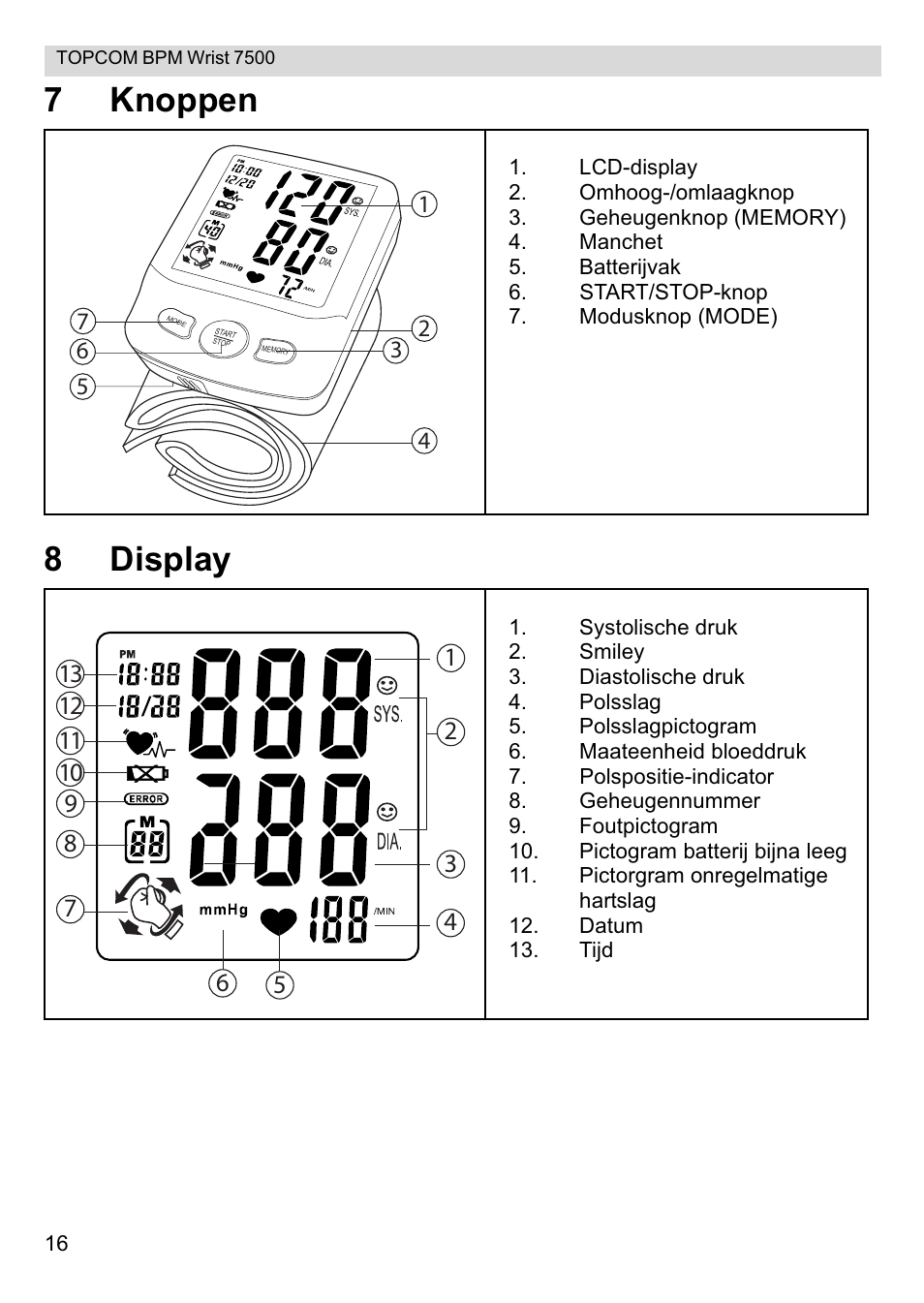 7knoppen 8 display | Topcom BPM Wrist 7500 User Manual | Page 16 / 88