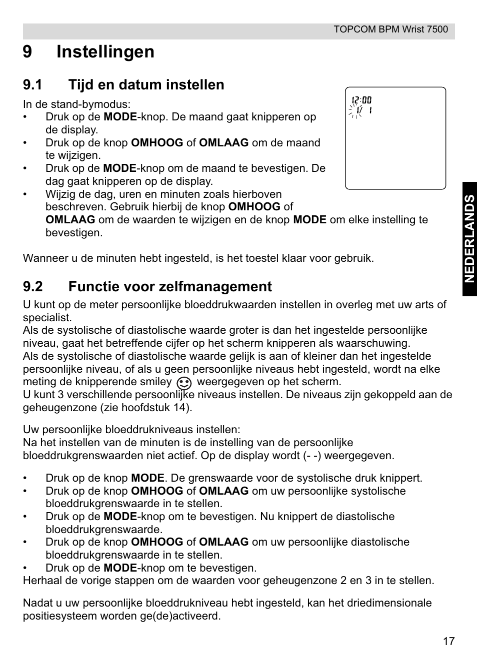 9instellingen, 1 tijd en datum instellen, 2 functie voor zelfmanagement | Topcom BPM Wrist 7500 User Manual | Page 17 / 88