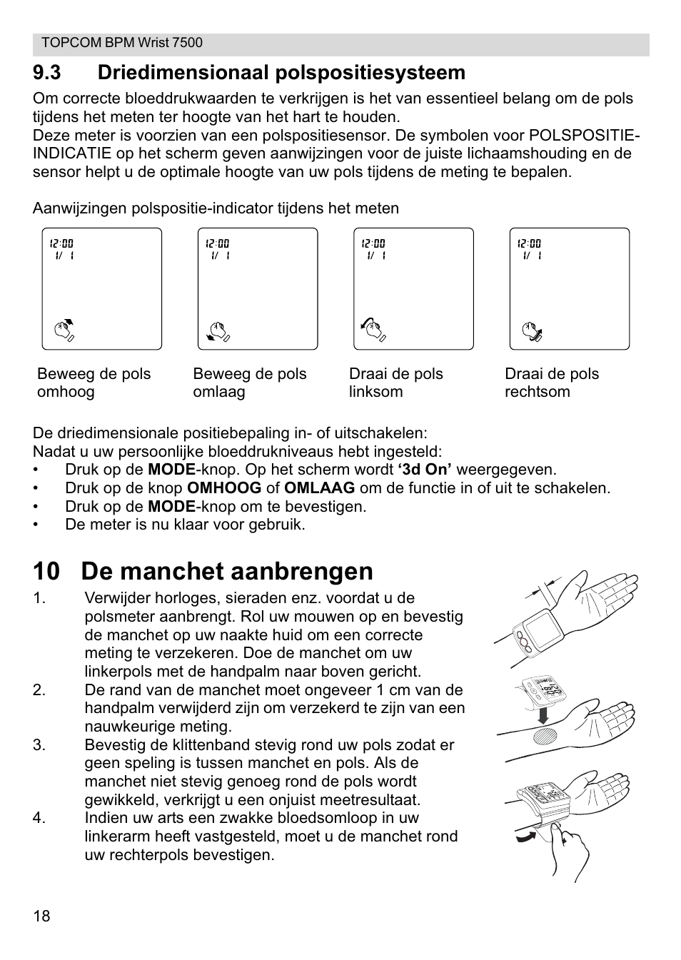 10 de manchet aanbrengen, 3 driedimensionaal polspositiesysteem | Topcom BPM Wrist 7500 User Manual | Page 18 / 88