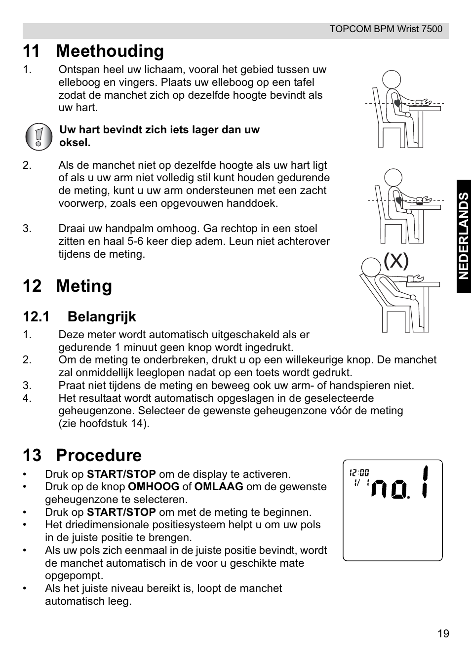 11 meethouding, 12 meting, 13 procedure | 1 belangrijk | Topcom BPM Wrist 7500 User Manual | Page 19 / 88