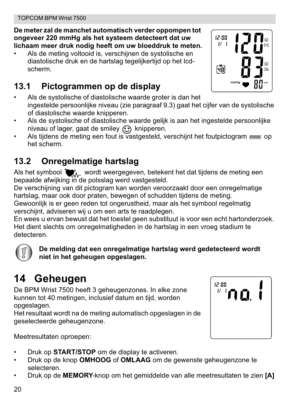 14 geheugen, 1 pictogrammen op de display, 2 onregelmatige hartslag | Topcom BPM Wrist 7500 User Manual | Page 20 / 88