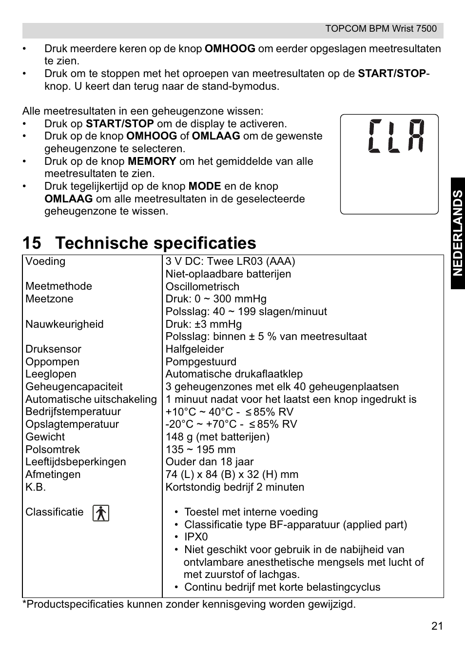 15 technische specificaties | Topcom BPM Wrist 7500 User Manual | Page 21 / 88