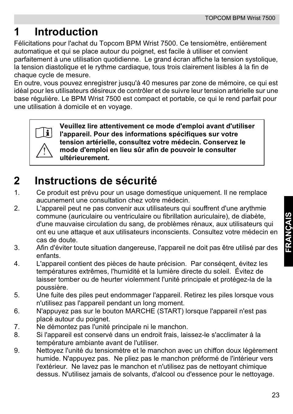 1introduction, 2instructions de sécurité | Topcom BPM Wrist 7500 User Manual | Page 23 / 88